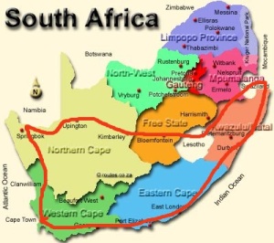 The route roughly:  Cape Town northwards to Springbok, Then Eastwards to Upington, then downwards to Kimberly, Free, State, Lesotho, Swaziland, Maputo, and from here all the way along the East Coast back home passing through Durban, Port Elizabeth, Knysna, George etc.